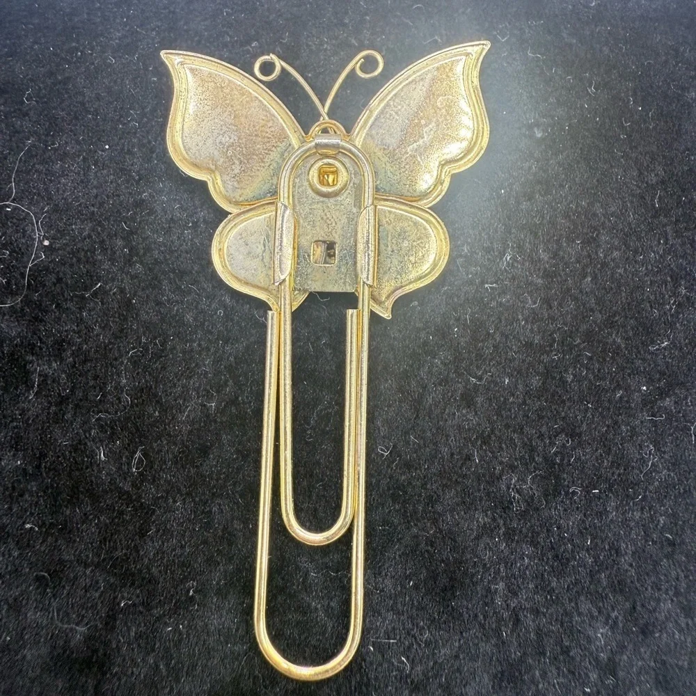 Vintage Enamel Butterfly Bookmark Gold Tone Red Wings Large Paperclip Style